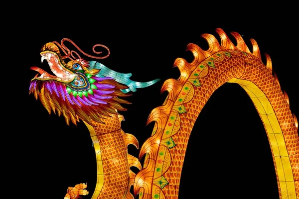 Colorful Mythological Dragon Figure Illuminated Lights Isolated Empty Black Background — Stock Photo, Image