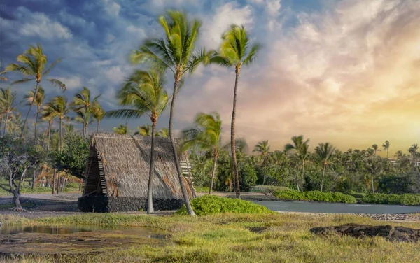 Hawaïaanse Hut Het Strand Bij Mauna Lani Kona Bij Zonsondergang — Stockfoto