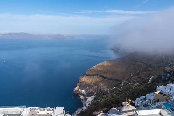 Villaggio Principale Santorini Fira Mattino Coperto Dalla Nebbia — Foto Stock