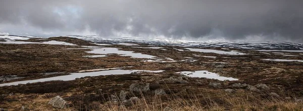 Panoramatický Výhled Zasněženou Suchou Krajinu Silnice Podél Národního Parku Hardangervidda — Stock fotografie