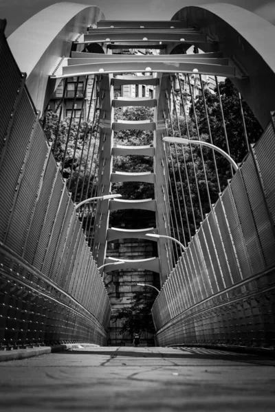Uma Imagem Vertical Tons Cinza Uma Ponte Pedonal Manhattan Nova — Fotografia de Stock