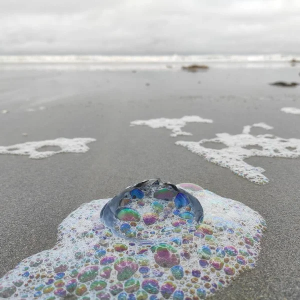 在潮湿的沙滩上 由海浪冲撞形成的彩色气泡的特写镜头 — 图库照片