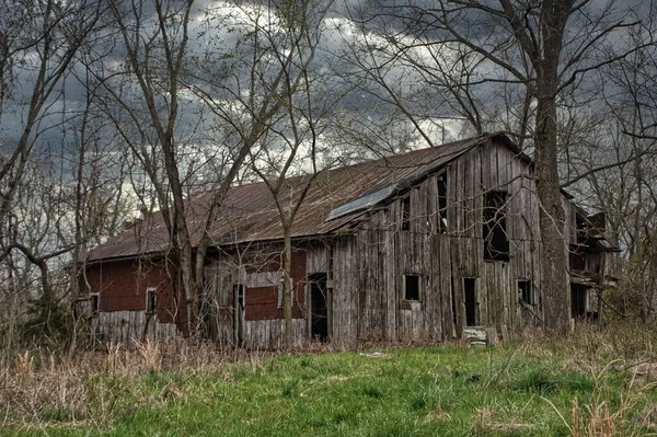 森林中一座废弃的木制谷仓的特写 — 图库照片