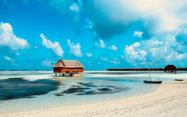 Uma Vista Panorâmica Uma Pequena Casa Praia Costa Arenosa Oceano — Fotografia de Stock