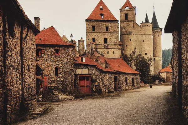 Hiperrealistyczna Ilustracja Średniowiecznej Wioski Zamkiem Tle — Zdjęcie stockowe