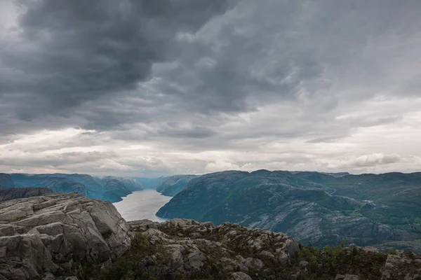 Veduta Aerea Del Fiorente Lysefjord Attraverso Montagne Preikestolen Lysefjord Norvegia — Foto Stock