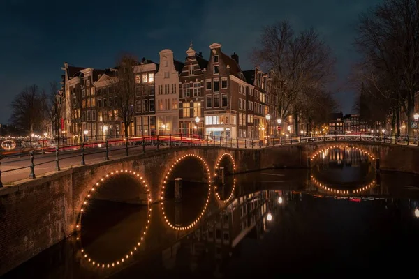Beautiful Canals Amsterdam Night Glowing Lights Christmas Season — Stock Photo, Image