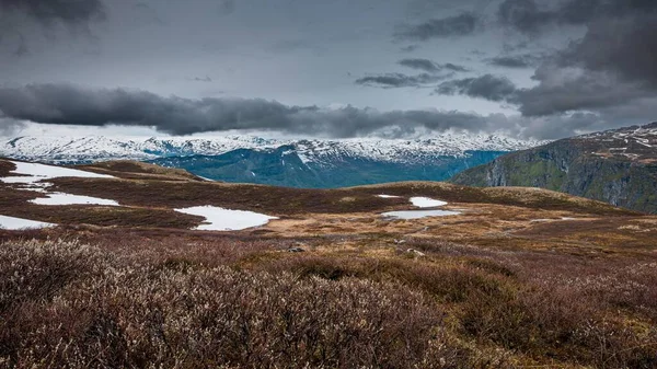 Красивый Снимок Сухого Валуна Возле Заснеженных Гор Норвежском Тиндевеге — стоковое фото