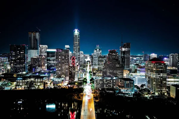 Городской Пейзаж Освещенных Улиц Зданий Остина Ночью Техасе — стоковое фото