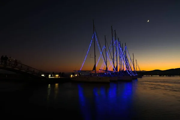Beautiful Sailboats Harbor Decorated Sunset Volos Greece — Stock Photo, Image