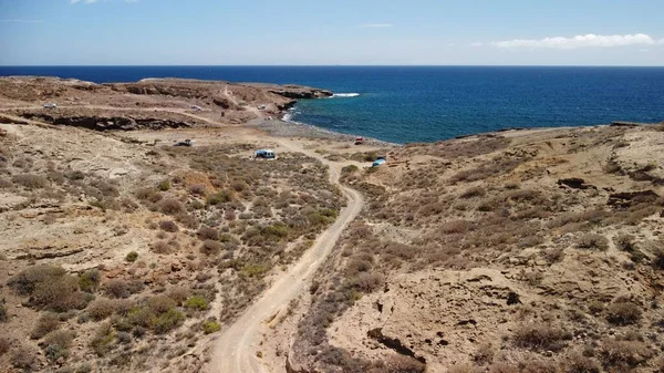 Drone Percorso Nel Deserto Vulcanico Tenerife Che Corre Verso Spiaggia — Foto Stock