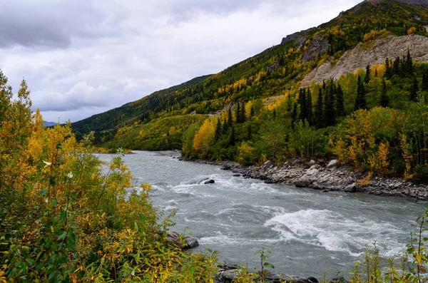 Una Vista Panorámica Del Río Nenana Rodeado Hermosas Montañas Alaska — Foto de Stock