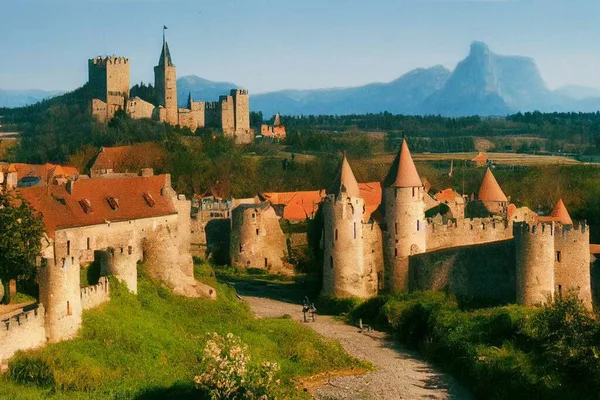 Eine Hyperrealistische Darstellung Eines Mittelalterlichen Dorfes Mit Alten Burgen Sonnenlicht — Stockfoto