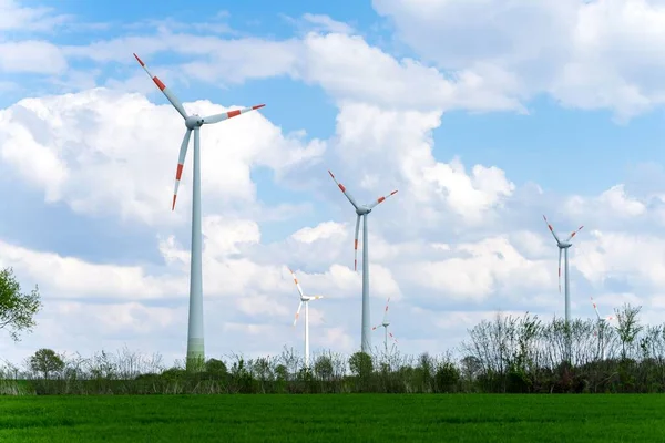 Wind Turbines Green Hill Blue Sky Fluffy Clouds — Stock Photo, Image
