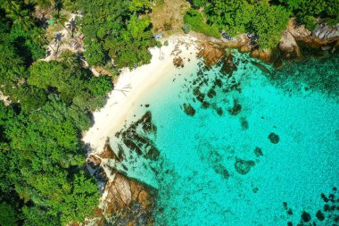 Railay Sahili 'ndeki ağaçlarla dolu sakin sularda yeşil uçurumların havadan görünüşü.