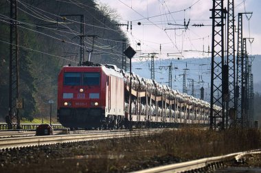 Ağaçlarla çevrili demiryolunda bir tren.