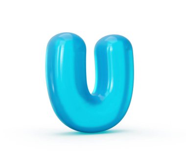 Beyaz arka planda izole edilmiş mavi jöle şekilli U harfinin 3 boyutlu bir çizimi.
