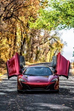 Kırmızı bir McLaren 650S Egzotik Araba Sonbahar ormanında Renkli ağaçlarla