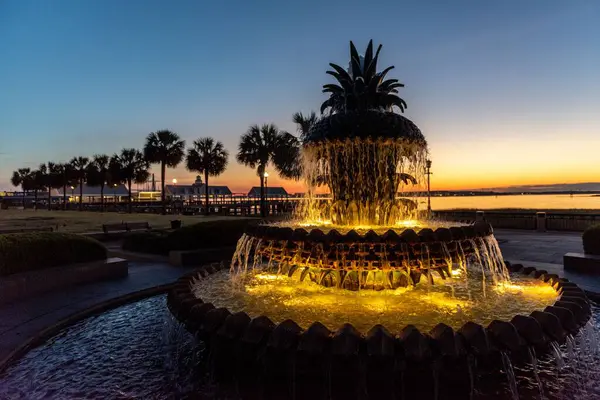 Charleston 'ın su cephesinde Pineapple Fountain' ın manzaralı bir resmi.