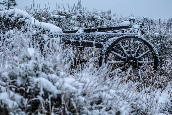 Nahaufnahme Eines Alten Wagenrades Das Winter Mit Schnee Bedeckt Ist — Stockfoto