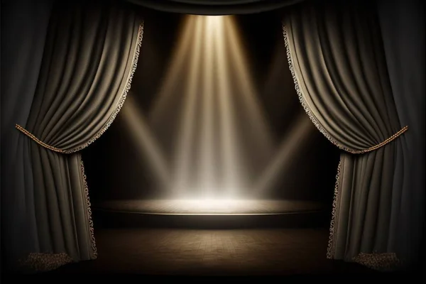 Ein Goldener Bühnenblick Mit Schleifenlicht Und Grauen Vorhängen — Stockfoto