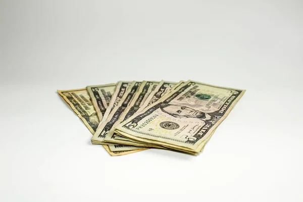 Pięć Dolarów Odizolowanych Białym Tle — Zdjęcie stockowe