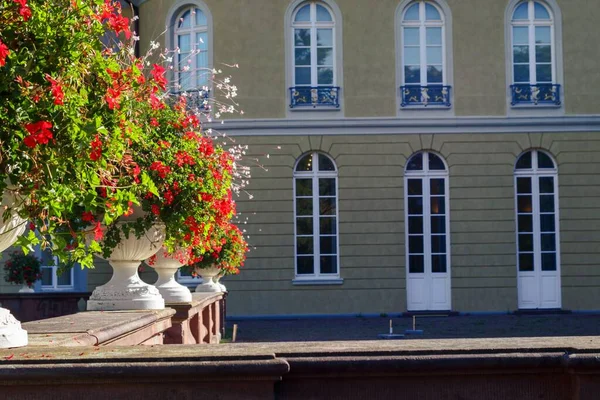 白い扉と窓のある美しい建物 前景の花壇 — ストック写真
