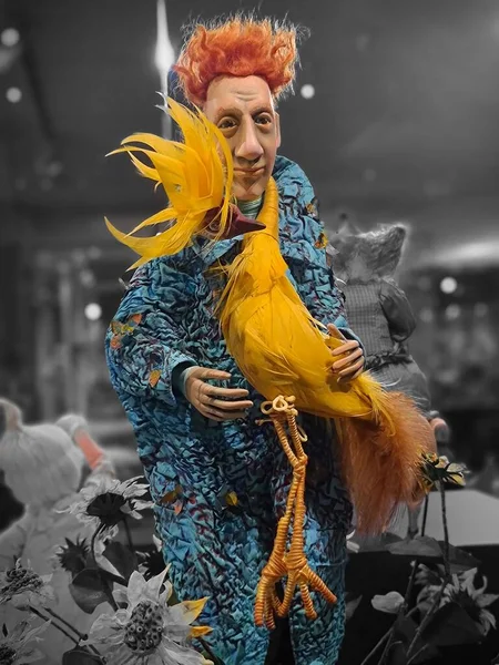 Porzellanpuppe Eines Mannes Mit Schönem Ingwerhaar Und Einem Gelben Vogel — Stockfoto