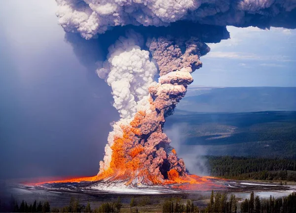 Пейзаж Йеллоустонского Извержения Вулкана Поднимающего Дым Туманным Небом — стоковое фото