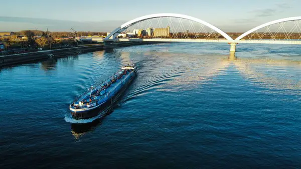 Landscape Tour Boat Danube River Pont Zezelj Tied Arch Bridge — Stock Photo, Image