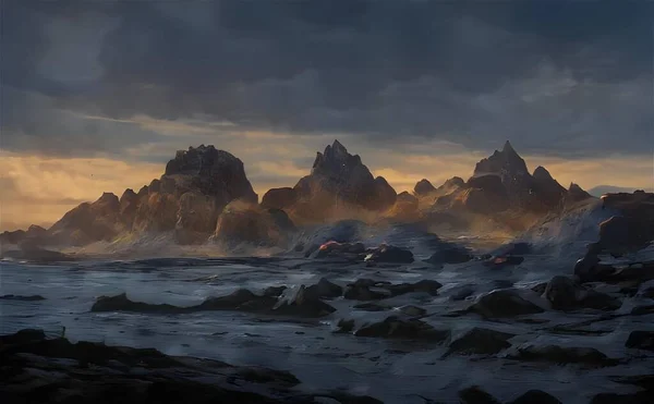 Hermoso Paisaje Fantasía Ilustrado Con Mar Tormentoso Rodeado Montañas —  Fotos de Stock