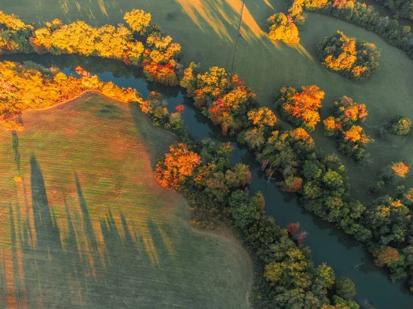 Vzdušný Letoun Záběr Řeky Protékající Zelenými Poli Při Západu Slunce — Stock fotografie