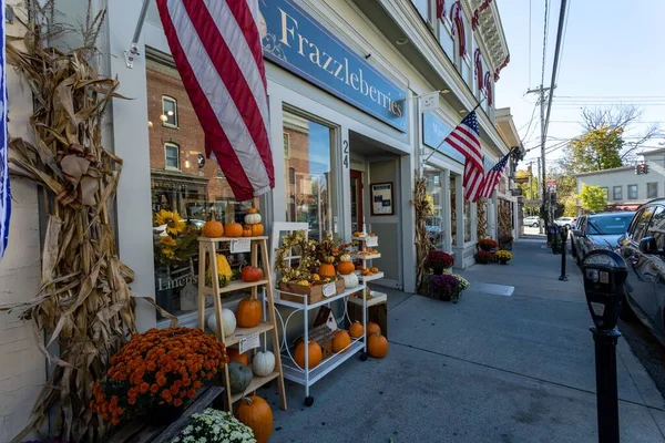 在美国纽约州沃里克村 一个阳光灿烂的秋天 街上有主要的商店和汽车 — 图库照片