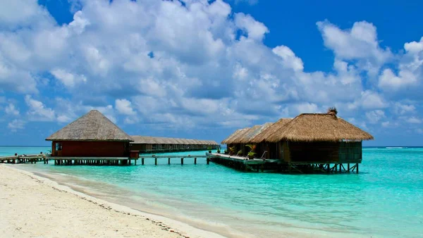 Естественный Вид Пляжные Дома Пляже Мальдив Летнее Время — стоковое фото