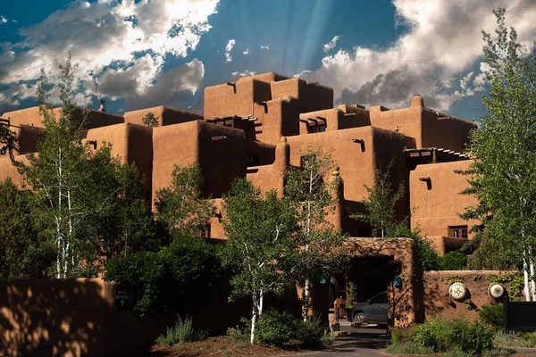 A creative adobe building made of earth materials in Santa Fe, New Mexico, USA