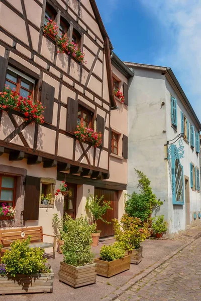 Вертикальный Снимок Домов Кольмара Цветочными Горшками Украшающими Фасад Эльзасе Франция — стоковое фото