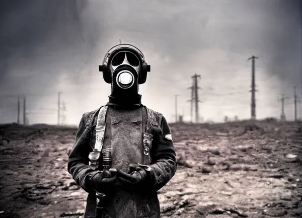 Una Persona Que Lleva Una Máscara Gas Detrás Páramo Nuclear —  Fotos de Stock