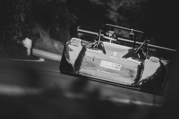 Greyscale Car Set Uphill Speed Race Italian Championship Pesaro — Stock Photo, Image