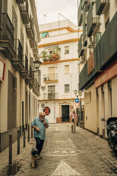 Вертикальный Снимок Человека Собакой Гуляющей Улице Севилье Испания — стоковое фото