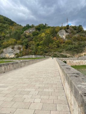 Kasvetli bir günde ağaçlarla kaplı tepenin arkasında eski bir taş köprü.