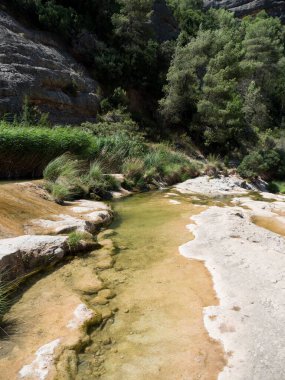 Kayalık dağlarla çevrili bir nehrin dikey görüntüsü, Els Limanları, Tarragona, İspanya
