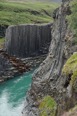 İzlanda 'nın Egilsstadir kasabasında gündüz vakti Studlagil Kanyonu manzarası.
