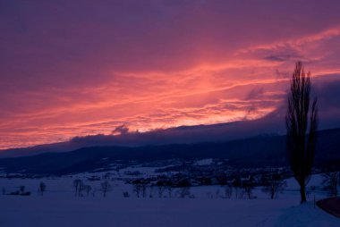 Pembe günbatımı gökyüzü karlı dağlar ve ağaçların karanlık siluetleri üzerinde parlıyor.