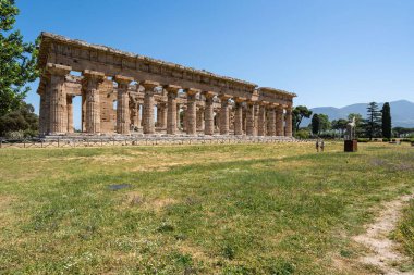 Paestum 'daki ilk Hera Tapınağı. Büyük sütunları var, Campania, İtalya, yan görüş.