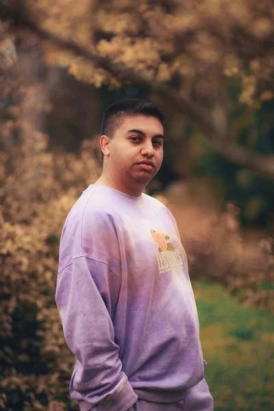 紫のネクタイ色のスウェットシャツを着たヒスパニック系の若者の垂直ショット — ストック写真
