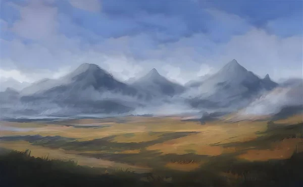 Beautiful Illustrated Fantasy Landscape Imposing Mountains Shrouded Mist Yellow Field — Stock Photo, Image