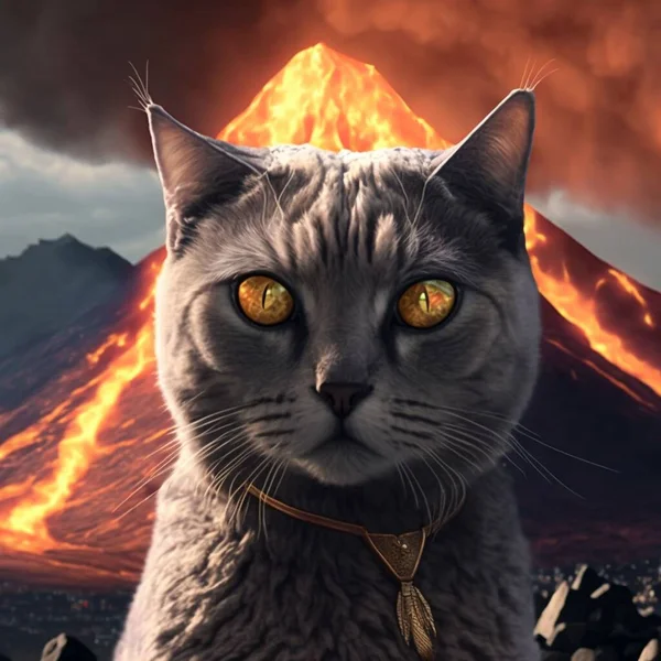 An illustration of a gray cat against an erupting volcano
