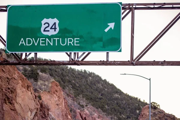 Closeup View Adventure Highway Sign Mountain Highway — Stock Photo, Image