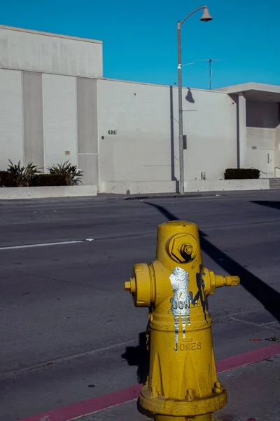 Yellow Fire Hydrant Empty Road White Buildings Other Side — Stock Photo, Image