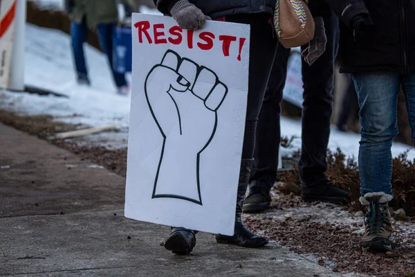Closeup View Protester Holding Banner Writing Resist — Stock Photo, Image